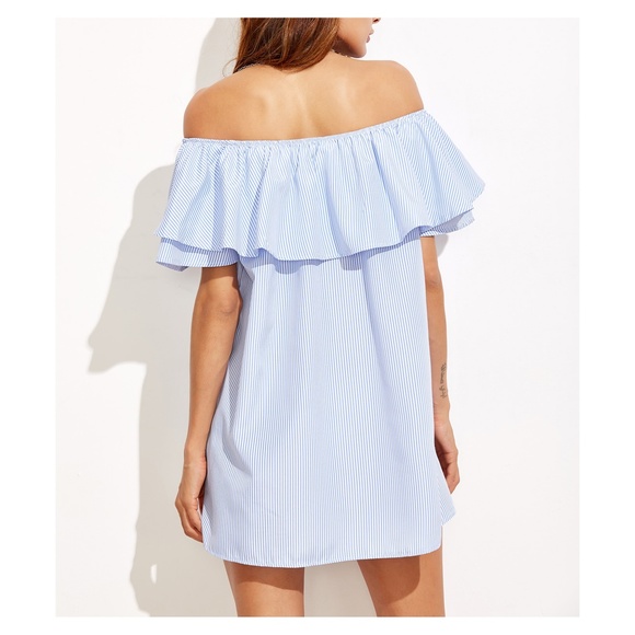 Blue Striped Off the Shoulder Flounce Shift Dress - Picture 3 of 4